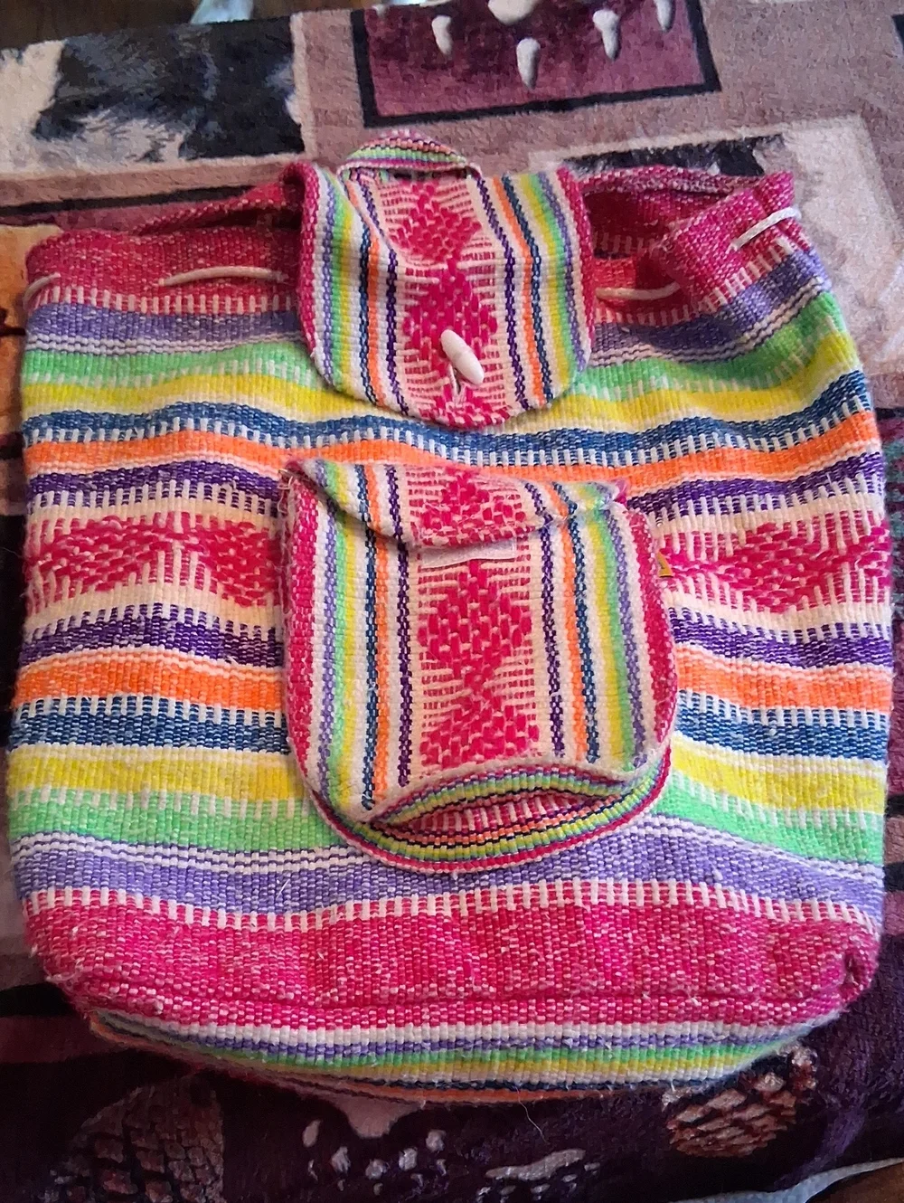 Handwoven Multicolor Stripe Backpack — Pink Accent